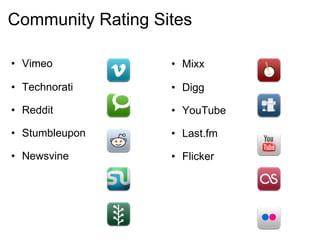Community Rating Sites Vimeo Technorati Reddit Stumbleupon Newsvine Mixx Digg YouTube Last.fm Flicker 