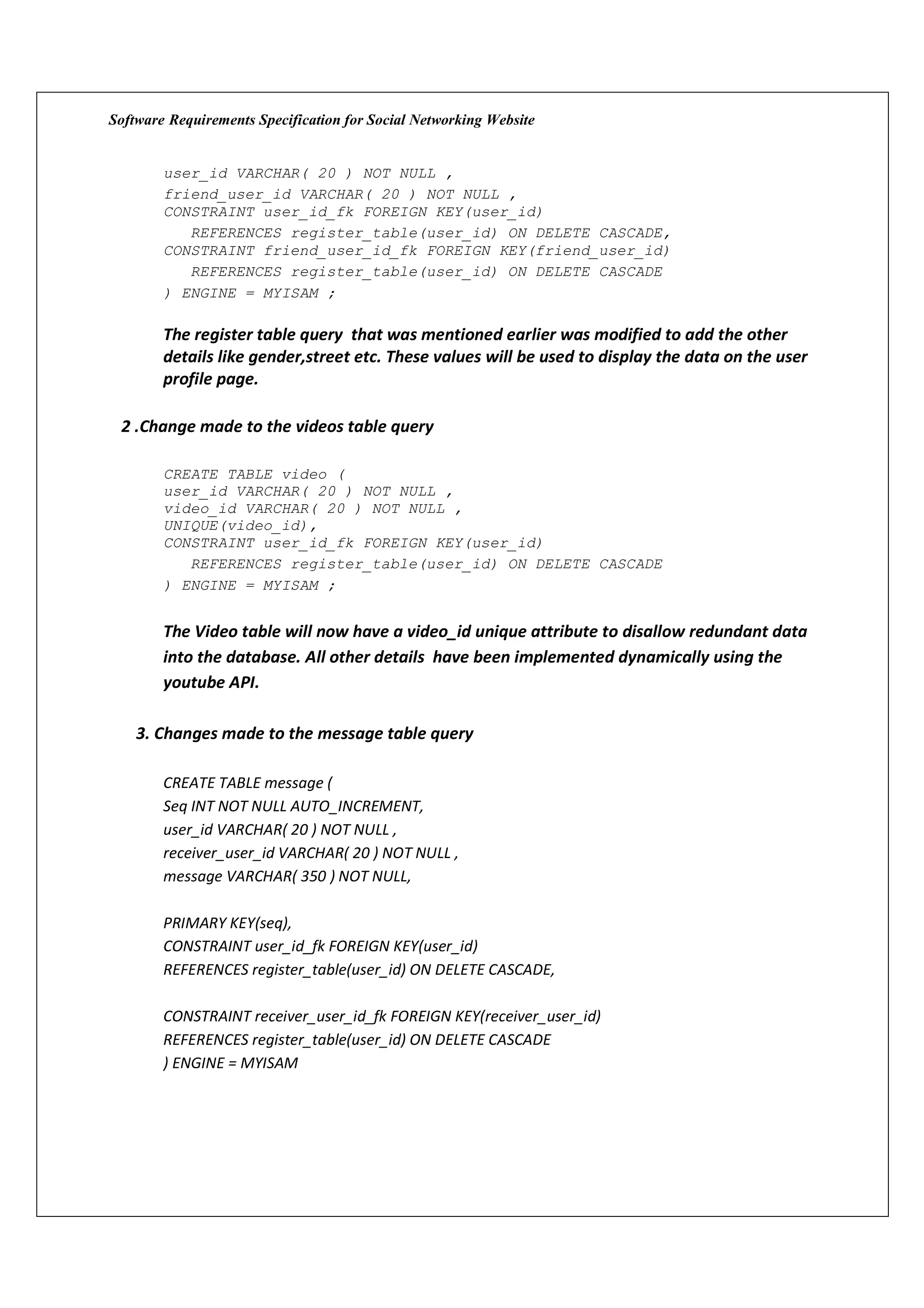 Software Requirements Specification for Social Networking Website


        user_id VARCHAR( 20 ) NOT NULL ,
        friend_user_id VARCHAR( 20 ) NOT NULL ,
        CONSTRAINT user_id_fk FOREIGN KEY(user_id)
           REFERENCES register_table(user_id) ON DELETE CASCADE,
        CONSTRAINT friend_user_id_fk FOREIGN KEY(friend_user_id)
           REFERENCES register_table(user_id) ON DELETE CASCADE
        ) ENGINE = MYISAM ;

        The register table query that was mentioned earlier was modified to add the other
        details like gender,street etc. These values will be used to display the data on the user
        profile page.

 2 .Change made to the videos table query

        CREATE TABLE video (
        user_id VARCHAR( 20 ) NOT NULL ,
        video_id VARCHAR( 20 ) NOT NULL ,
        UNIQUE(video_id),
        CONSTRAINT user_id_fk FOREIGN KEY(user_id)
           REFERENCES register_table(user_id) ON DELETE CASCADE
        ) ENGINE = MYISAM ;


        The Video table will now have a video_id unique attribute to disallow redundant data
        into the database. All other details have been implemented dynamically using the
        youtube API.

    3. Changes made to the message table query

        CREATE TABLE message (
        Seq INT NOT NULL AUTO_INCREMENT,
        user_id VARCHAR( 20 ) NOT NULL ,
        receiver_user_id VARCHAR( 20 ) NOT NULL ,
        message VARCHAR( 350 ) NOT NULL,

        PRIMARY KEY(seq),
        CONSTRAINT user_id_fk FOREIGN KEY(user_id)
        REFERENCES register_table(user_id) ON DELETE CASCADE,

        CONSTRAINT receiver_user_id_fk FOREIGN KEY(receiver_user_id)
        REFERENCES register_table(user_id) ON DELETE CASCADE
        ) ENGINE = MYISAM
 