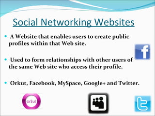 Social Networking Websites A Website that enables users to create public profiles within that Web site.   Used to form relationships with other users of the same Web site who access their profile.  Orkut, Facebook, MySpace, Google+ and Twitter. 