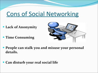 Cons of Social Networking <ul><li>Lack of Anonymity </li></ul><ul><li>Time Consuming </li></ul><ul><li>People can stalk yo...