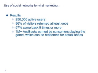 Results 250,000 active users 86% of visitors returned at least once 57% came back 9 times or more 1M+ AceBucks earned by consumers playing the game, which can be redeemed for actual shoes Use of social networks for viral marketing… 