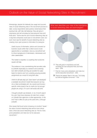 Outlook on the Value of Social Networking Sites in Recruitment


Interestingly, despite the relatively low usage and success
                                                                    What best describes your view of the importance
rates of social networking sites in the recruitment process to
                                                                    of social networking sites and technologies?
date, survey respondents were positive overall about their
eventual role, with fully half believing “they will grow in
importance and will someday be how everyone hires and
finds work.” Some saw the use of social networking sites as
a way that companies could save on recruitment costs, but
                                                                                    15%
even more saw the benefit of social networking sites as
creating more open access to information for everyone.


   Useful source of information, advice and comment on
   business issues rather than a direct source of job                                                        50%
   opportunities or candidates. Use as a recruitment aid
                                                                              35%
   to check background of interviewers, interviewees and
   other stakeholders


   The market is imperfect, so anything that rounds the
   square will help.
                                                                          They will grow in importance and will
   The evidence is now overwhelming that recruiters refer                 someday be how everyone hires and finds
   to LinkedIn especially as a research and screening                     work – 50%
   tool. Both LinkedIn and Xing are excellent for sales                   Fine for more junior jobseekers and roles but
   leads for interims and I am currently pursuing possible                not for executive recruitment – 35%
   assignments as a result of using both sites.                           They're the lastest "flash in the pan," hot today
                                                                          but will be forgotten tomorrow – 15%
   I think it's still early days yet. Users haven’t yet developed
   a workable recruitment model that everyone can buy
   into or feel comfortable with. As a sector and function-
   specific notice board it has its merits but not enough
   people are using it. I'm sure it will evolve with time.


   I thought LinkedIn was fantastic, in my 4 month search
   for a job I had more interviews for roles from contact
   on LinkedIn than agencies or other approaches. In the
   end I had 5 offers for jobs at the same time, 3 through
   LinkedIn.


One caveat that found some consensus is at which “levels”
the value of social networking sites will be most critical.
Over a third saw social networking sites as “fine for more
junior jobseekers and roles but not for executive
recruitment.”




                                                                                                                              6
 