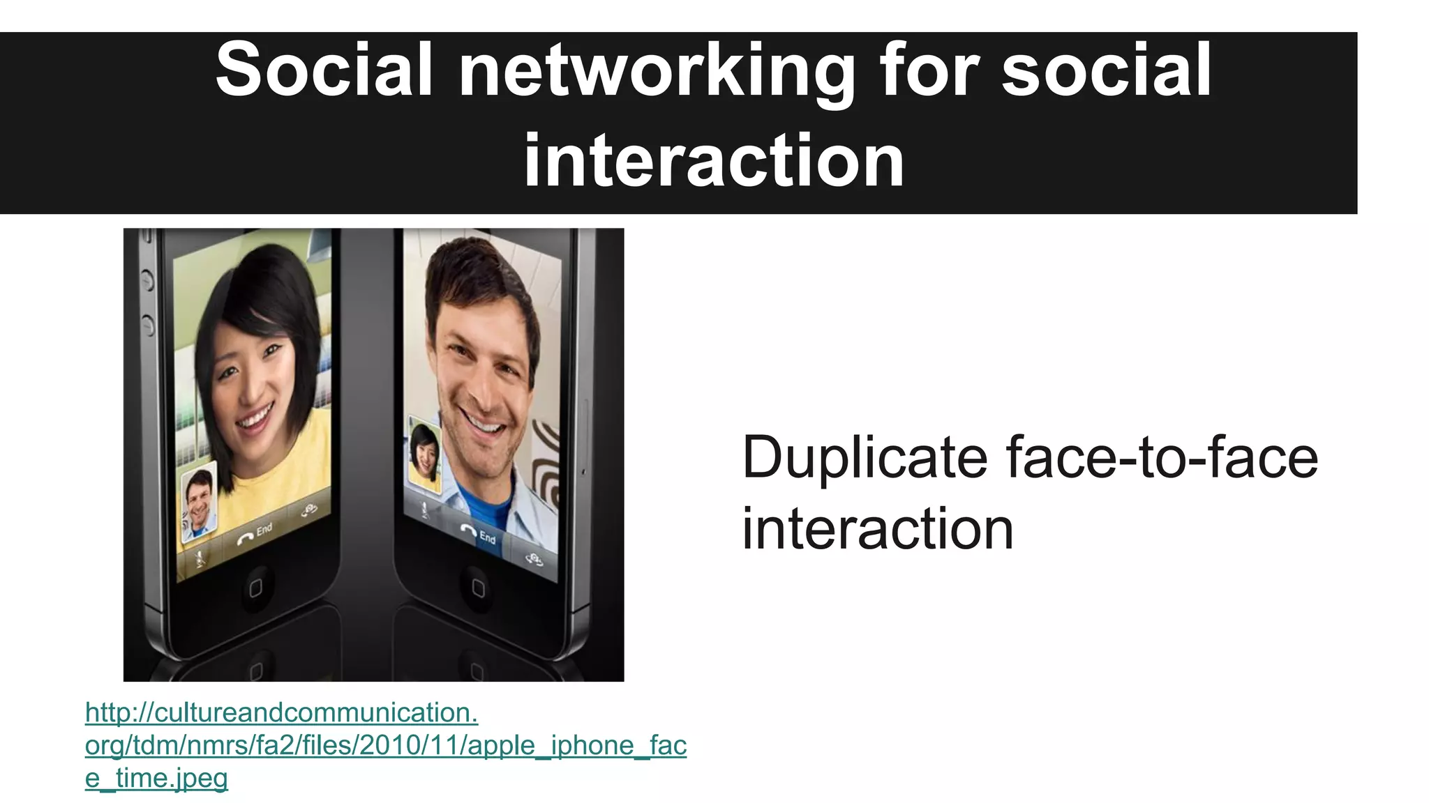 Social networking for social
interaction

Duplicate face-to-face
interaction
http://cultureandcommunication.
org/tdm/nmrs/fa2/files/2010/11/apple_iphone_fac
e_time.jpeg

 