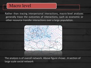 Rather than tracing interpersonal interactions, macro-level analyses
generally trace the outcomes of interactions, such as economic or
other resource transfer interactions over a large population.
Macro level
The analysis is of overall network. Above figure shows . A section of
large scale social network
 