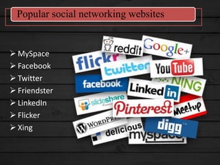  MySpace
 Facebook
 Twitter
 Friendster
 LinkedIn
 Flicker
 Xing
Popular social networking websites
 