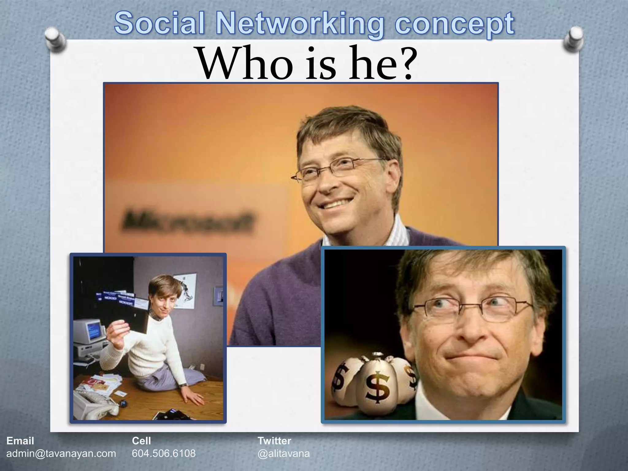 Social Networking conceptWho is he?Email		Cell		Twitteradmin@tavanayan.com	604.506.6108	@alitavana
