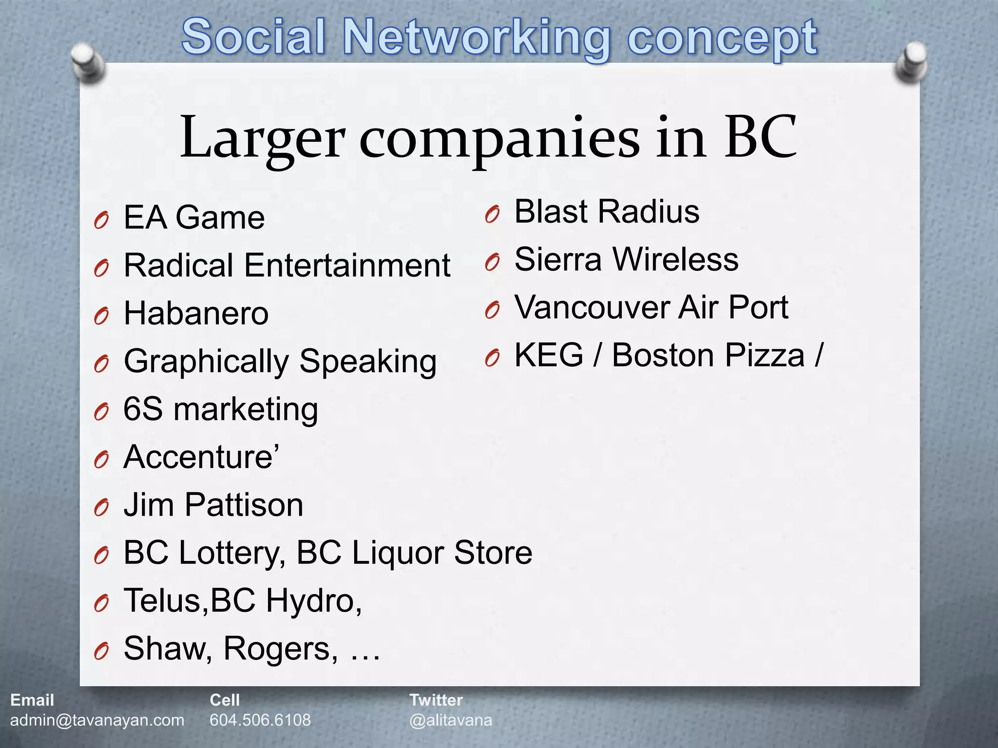 Social Networking conceptLarger companies in BCBlast RadiusSierra WirelessVancouver Air PortKEG / Boston Pizza / EA GameRadical EntertainmentHabaneroGraphically Speaking6S marketingAccenture’Jim PattisonBC Lottery, BC Liquor StoreTelus,BC Hydro, Shaw, Rogers, …Email		Cell		Twitteradmin@tavanayan.com	604.506.6108	@alitavana