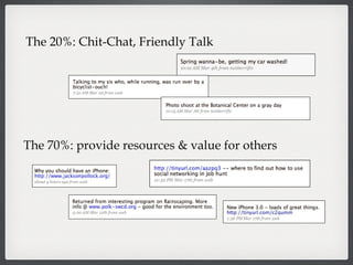 The 20%: Chit-Chat, Friendly Talk The 70%: provide resources & value for others  