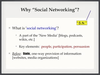 Why “Social Networking”? What is ‘ social networking ’? A part of the ‘New Media’ [blogs, podcasts, wikis, etc.] Key elements:  people, participation, persuasion Before :  Static , one-way provision of information [websites, media organizations] “ S.N.” 
