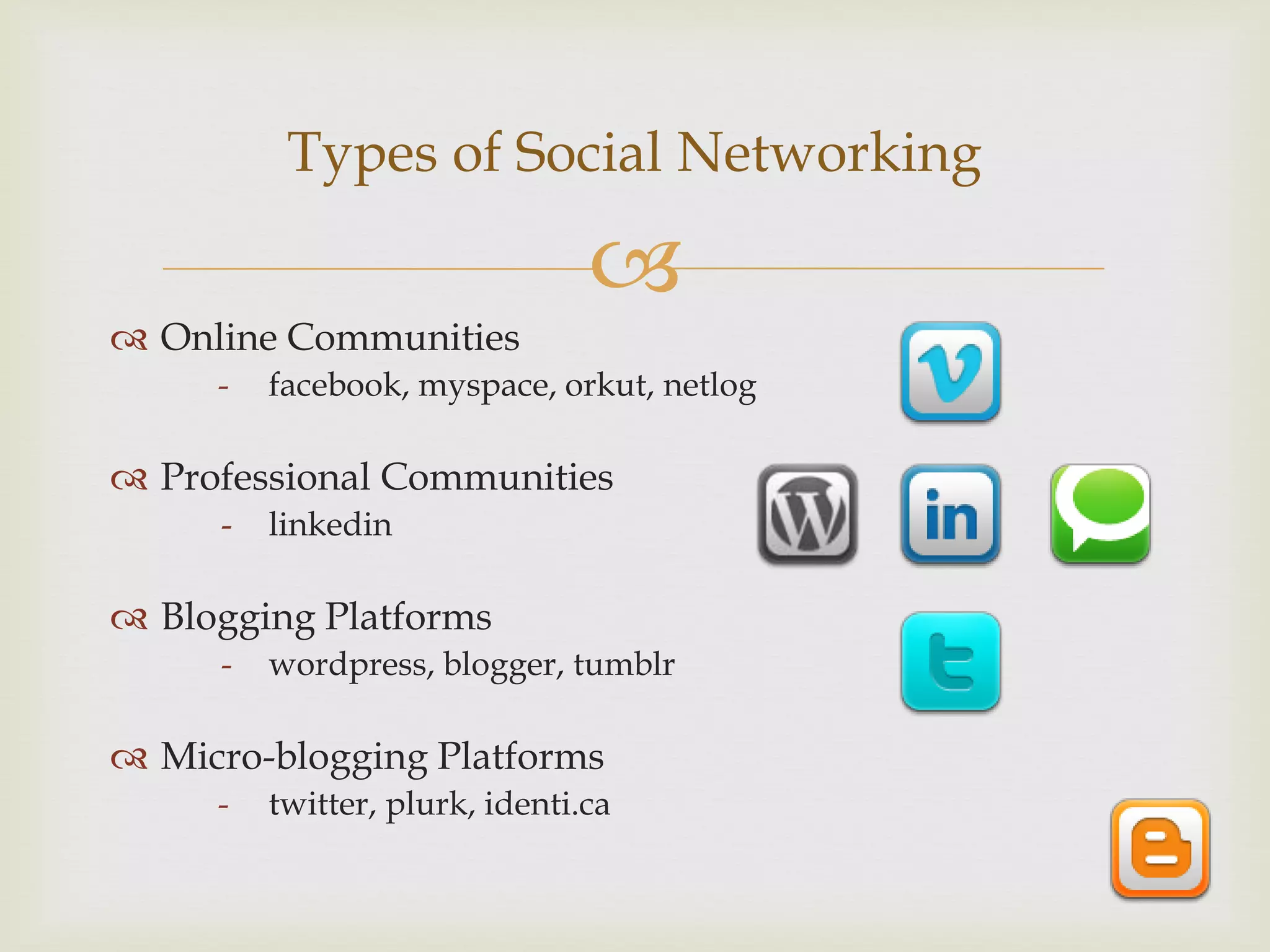 Types of Social Networking

                                
 Online Communities
     -   facebook, myspace, orkut, netlog

 Professional Communities
     -   linkedin

 Blogging Platforms
     -   wordpress, blogger, tumblr

 Micro-blogging Platforms
     -   twitter, plurk, identi.ca
 