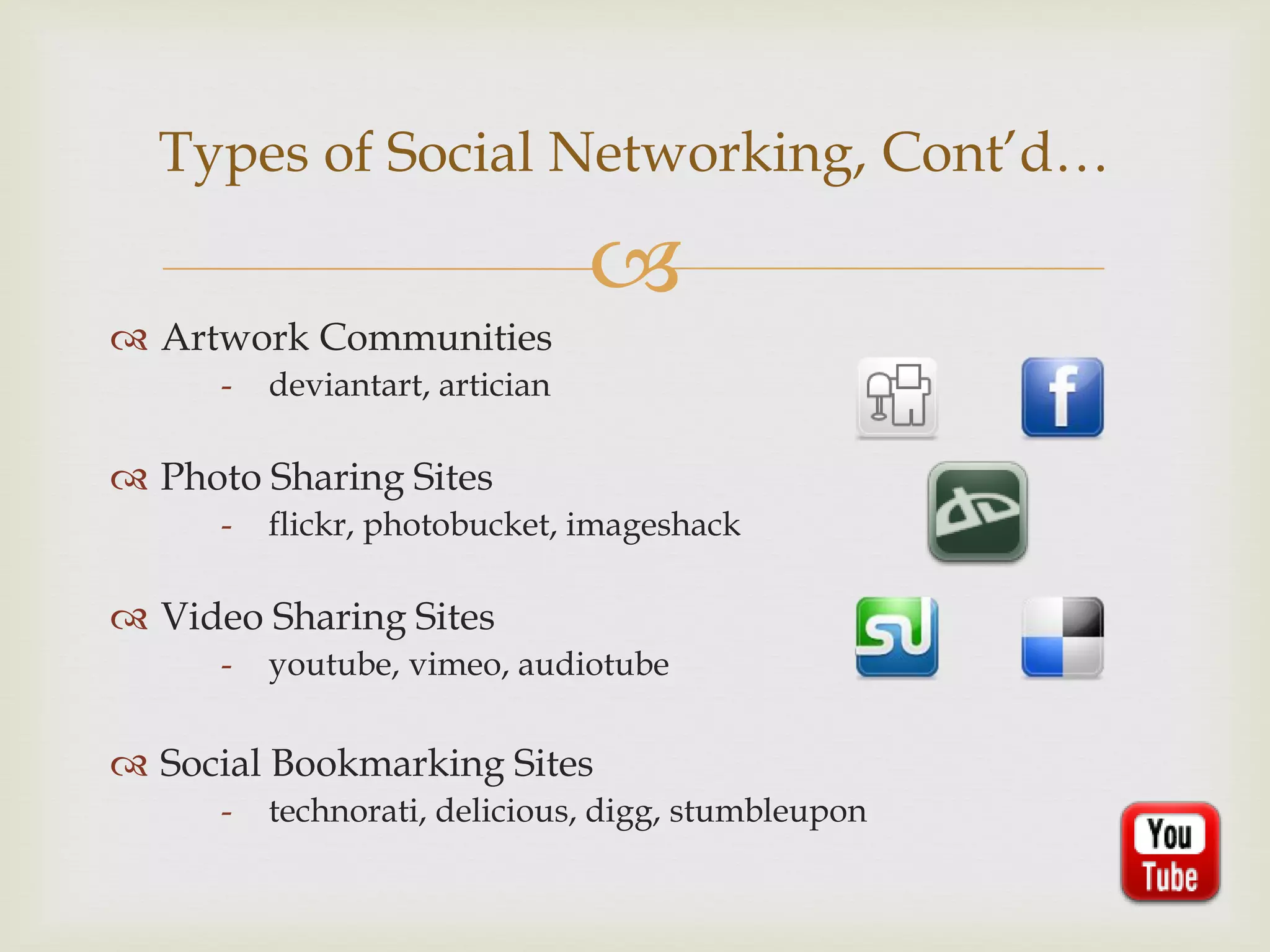 Types of Social Networking, Cont’d…

                                 
 Artwork Communities
      -   deviantart, artician

 Photo Sharing Sites
      -   flickr, photobucket, imageshack

 Video Sharing Sites
      -   youtube, vimeo, audiotube


 Social Bookmarking Sites
      -   technorati, delicious, digg, stumbleupon
 