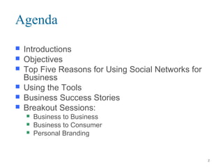 Agenda
 Introductions
 Objectives
 Top Five Reasons for Using Social Networks for
Business
 Using the Tools
 Business Success Stories
 Breakout Sessions:
 Business to Business
 Business to Consumer
 Personal Branding
2
 