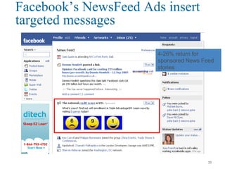 Facebook’s NewsFeed Ads insert
targeted messages
4-26% return for
sponsored News Feed
stories
33
 