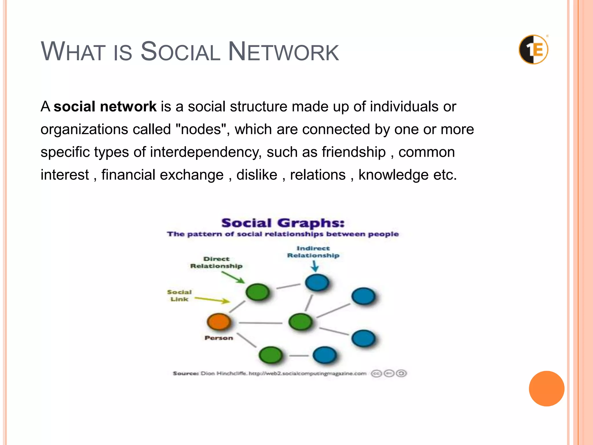 WHAT IS SOCIAL NETWORK
A social network is a social structure made up of individuals or
organizations called "nodes", which are connected by one or more
specific types of interdependency, such as friendship , common
interest , financial exchange , dislike , relations , knowledge etc.