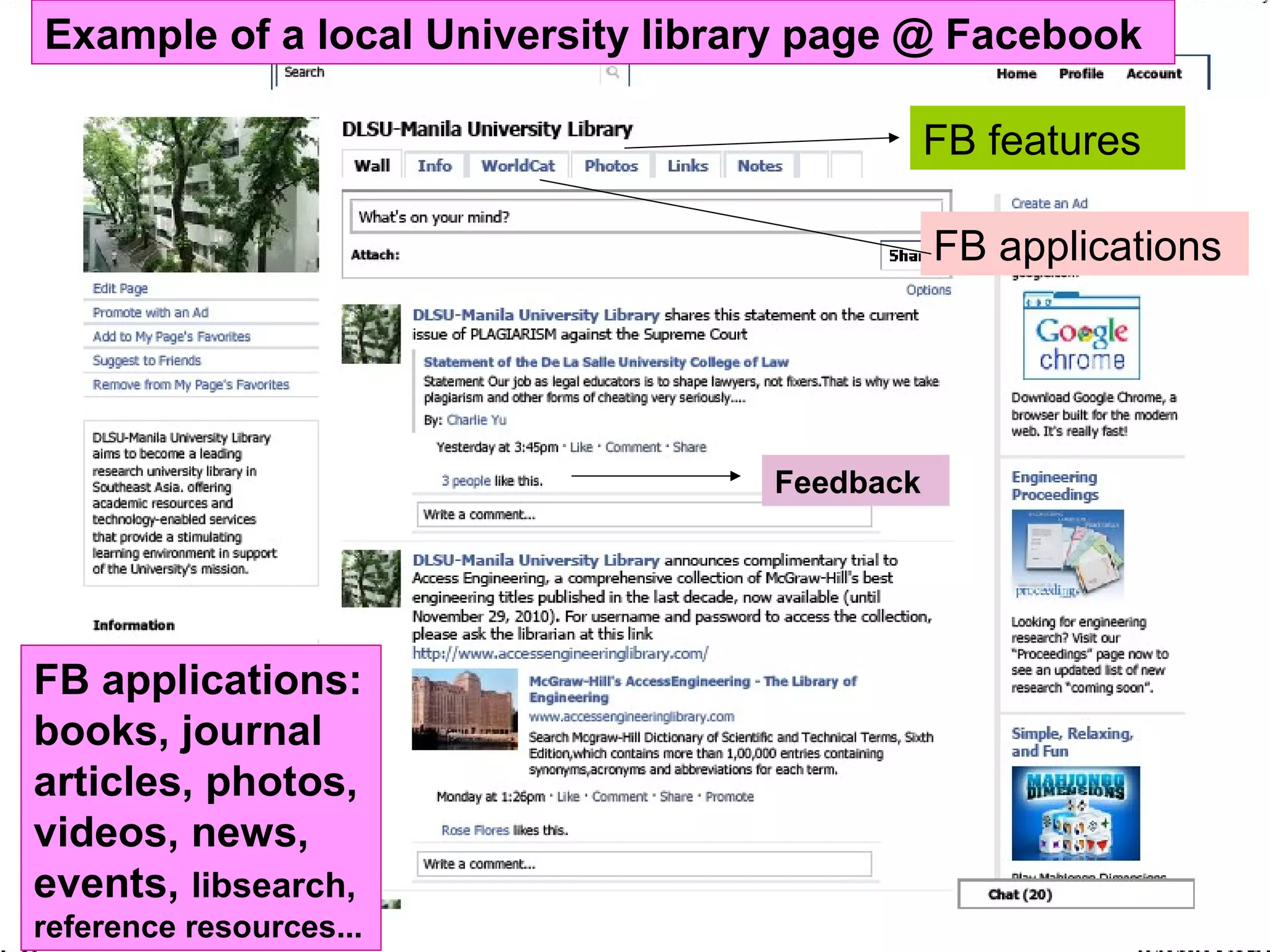 Example of a local University library page @ Facebook
FB features
FB applications
Feedback
FB applications:
books, journal
articles, photos,
videos, news,
events, libsearch,
reference resources...
 