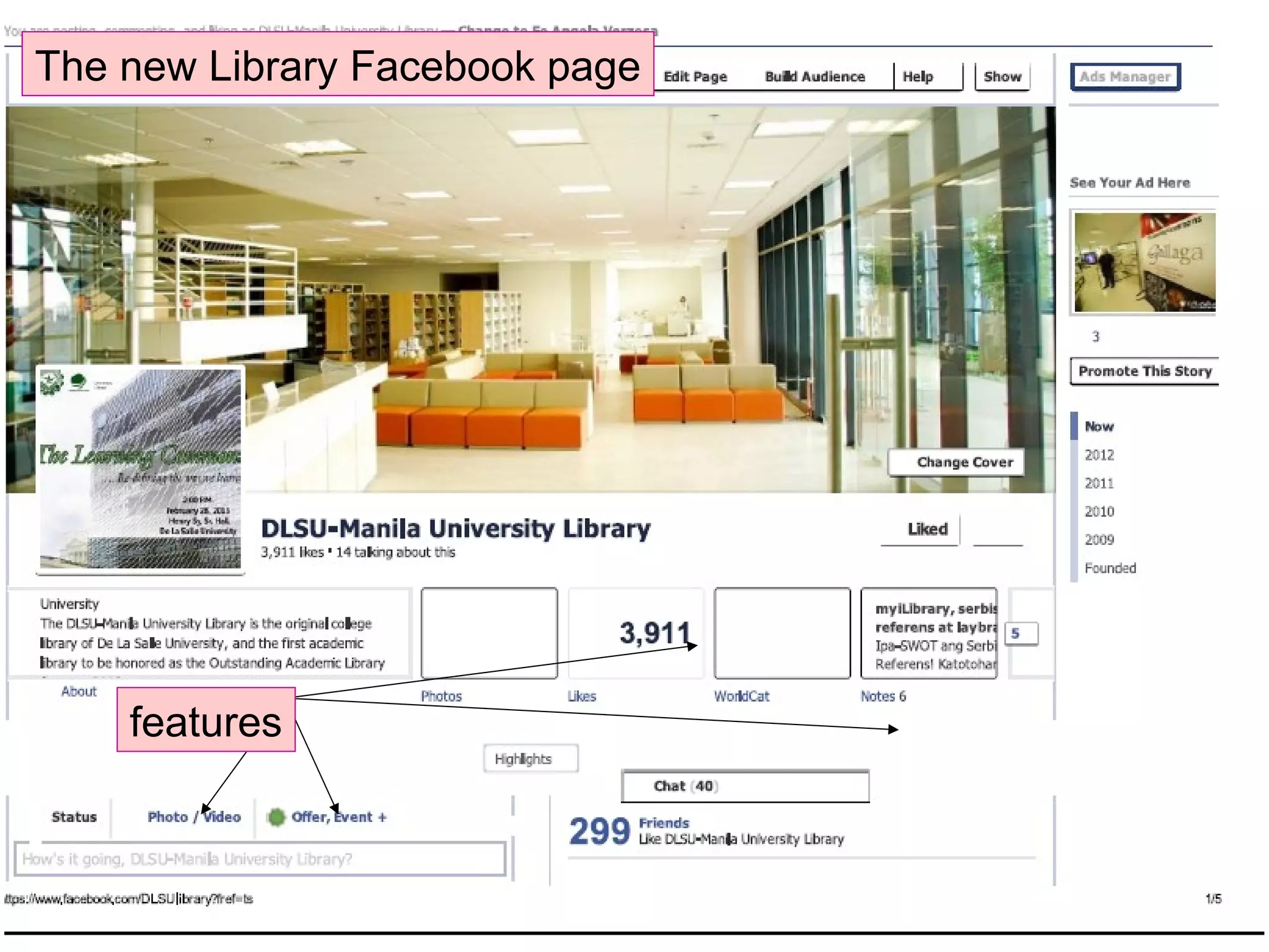 The new Library Facebook page
features
 