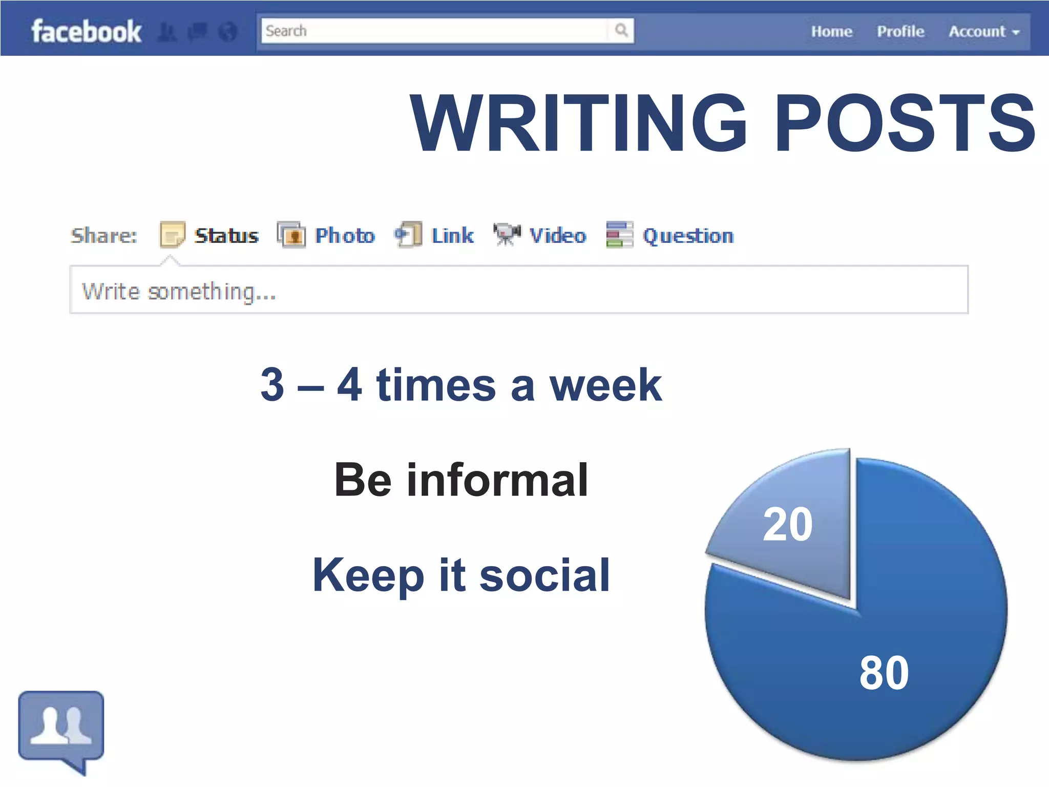 WRITING POSTS3 – 4 times a weekBe informalKeep it social2080