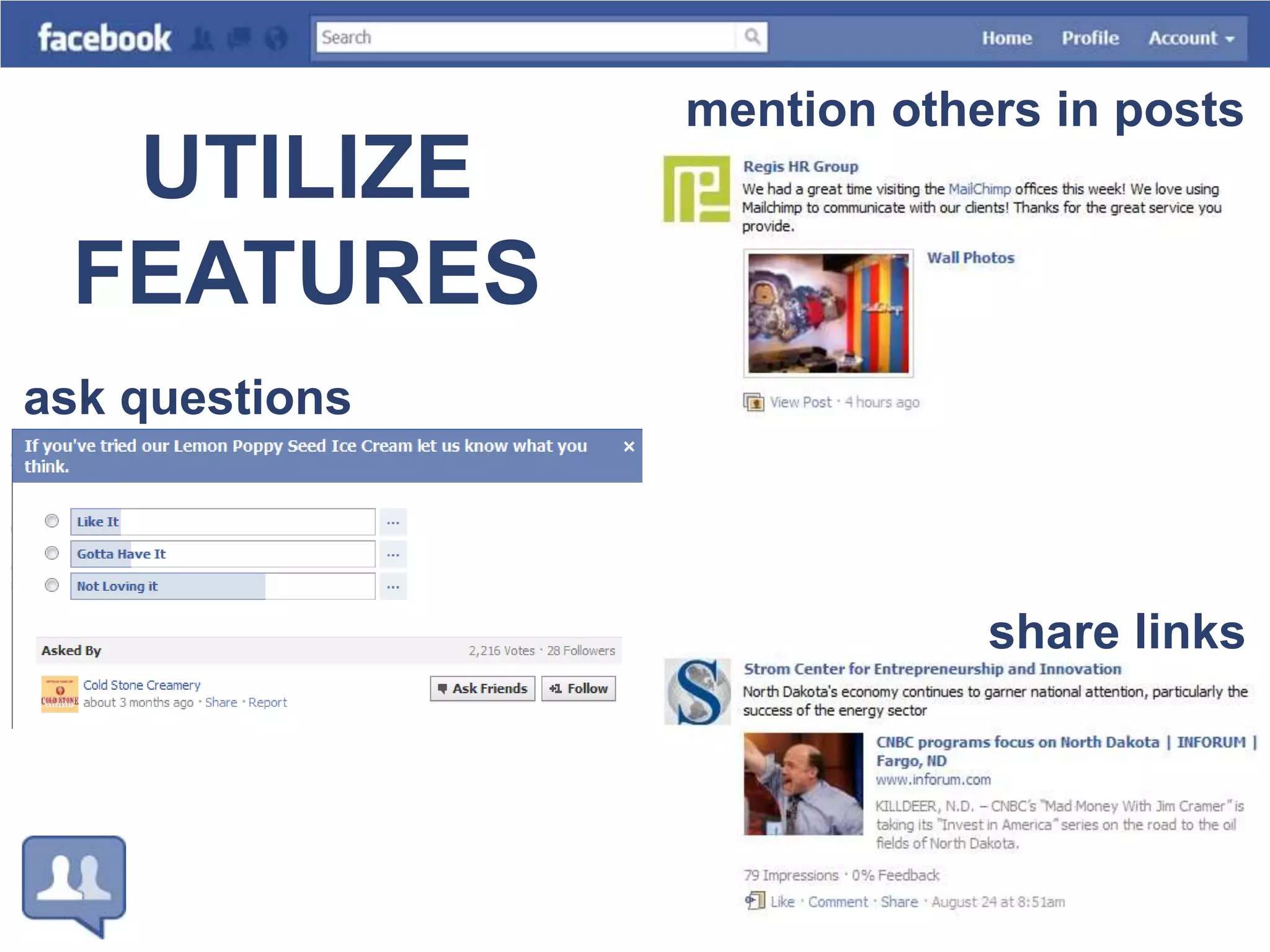 mention others in postsUTILIZEFEATURESask questionsshare links