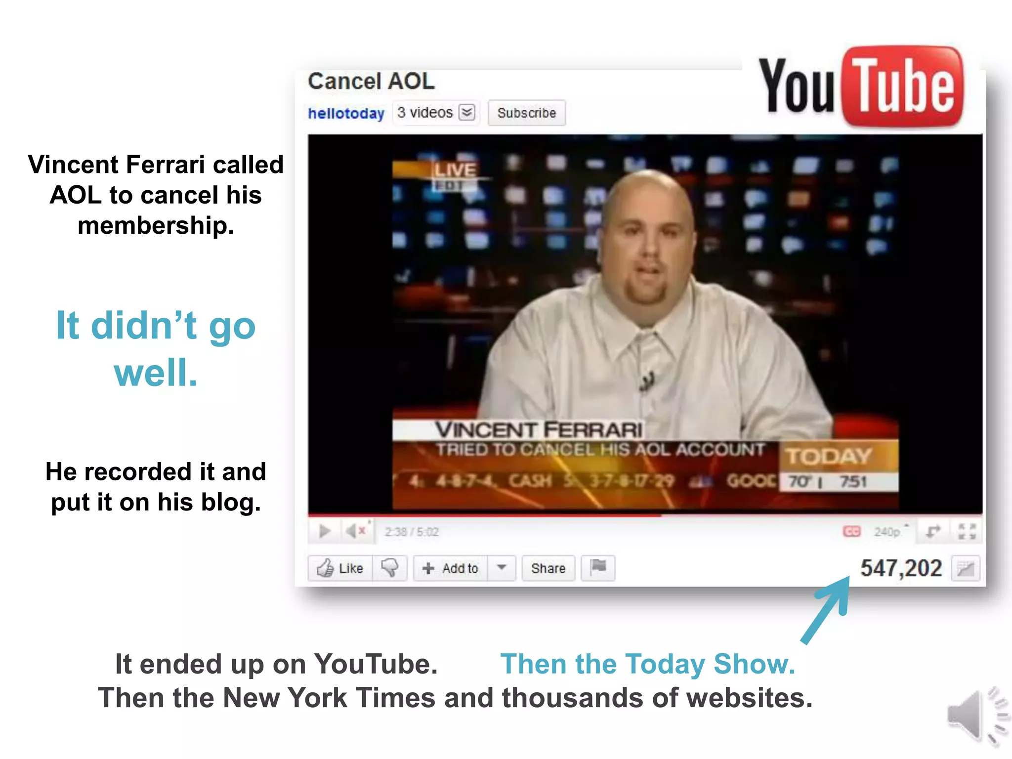 Vincent Ferrari called AOL to cancel his membership.It didn’t go well.He recorded it and put it on his blog.It ended up on YouTube.        Then the Today Show. Then the New York Times and thousands of websites.