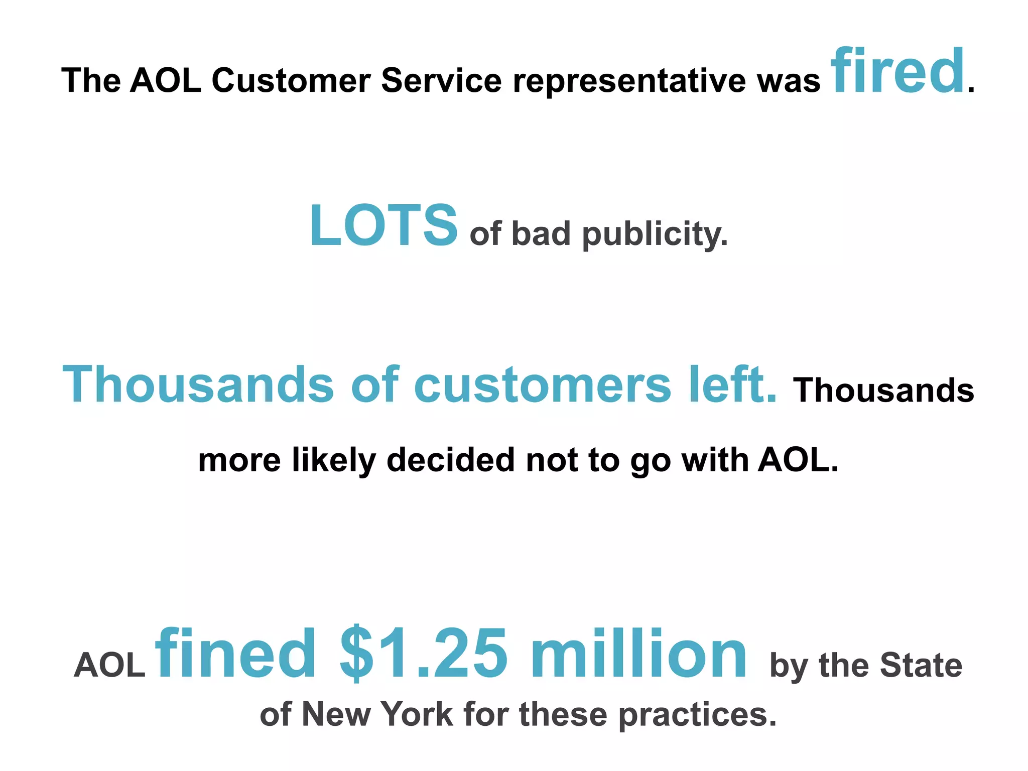 The AOL Customer Service representative was fired.LOTSof bad publicity.Thousands of customers left.Thousands more likely decided not to go with AOL.AOLfined $1.25 million by the State of New York for these practices.