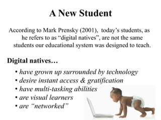 A New Student
According to Mark Prensky (2001), today’s students, as
    he refers to as “digital natives”, are not the same
 students our educational system was designed to teach.

Digital natives…
  • have grown up surrounded by technology
  • desire instant access & gratification
  • have multi-tasking abilities
  • are visual learners
  • are “networked”
 