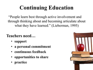 Continuing Education
 “People learn best through active involvement and
through thinking about and becoming articulate about
     what they have learned.” (Lieberman, 1995)

Teachers need…
  •   support
  •   a personal commitment
  •   continuous feedback
  •   opportunities to share
  •   practice
 