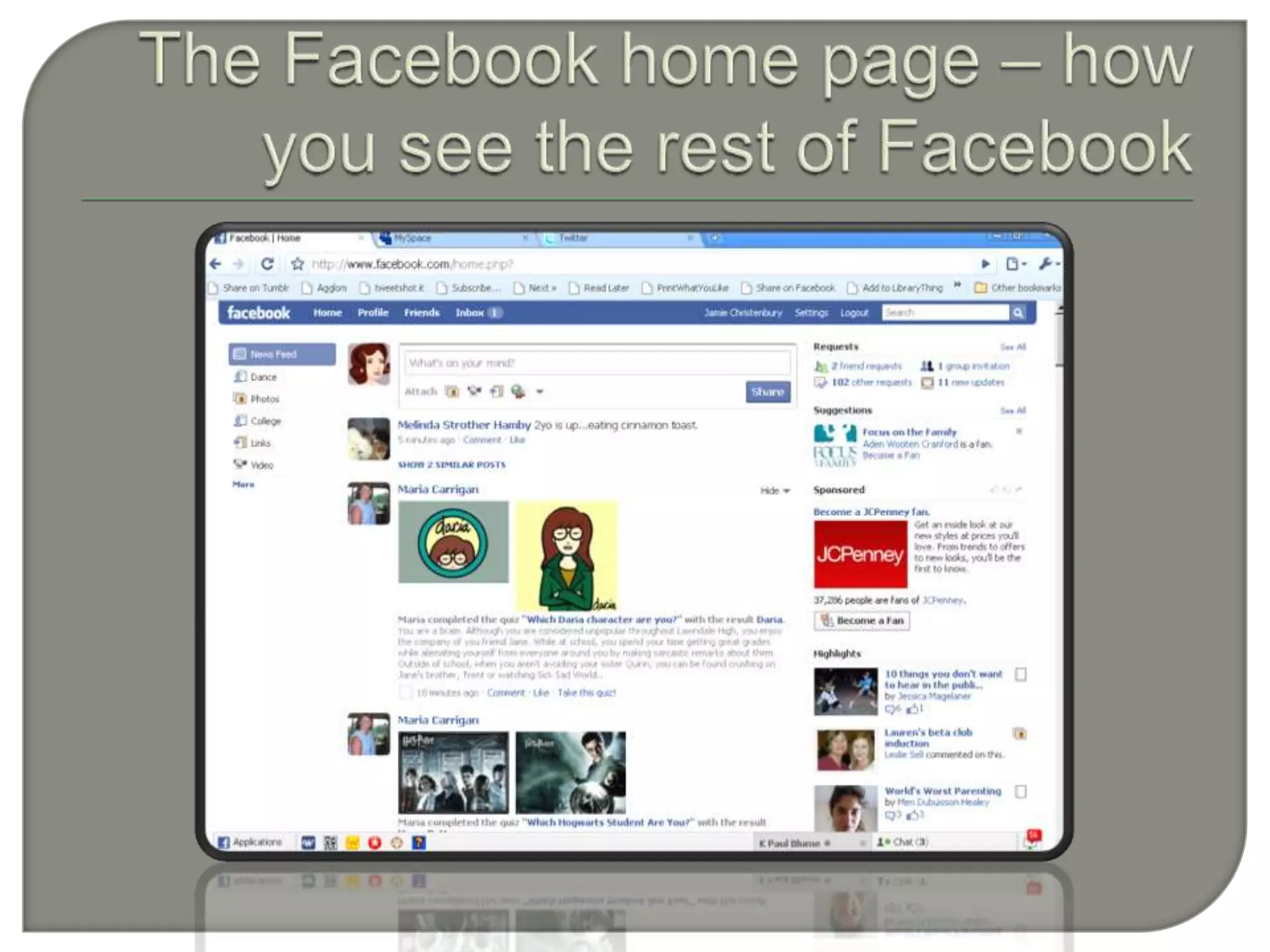 The Facebook home page – how you see the rest of Facebook
