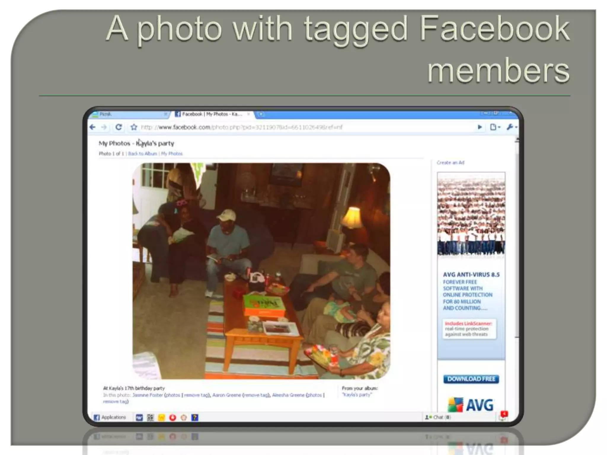 A photo with tagged Facebook members