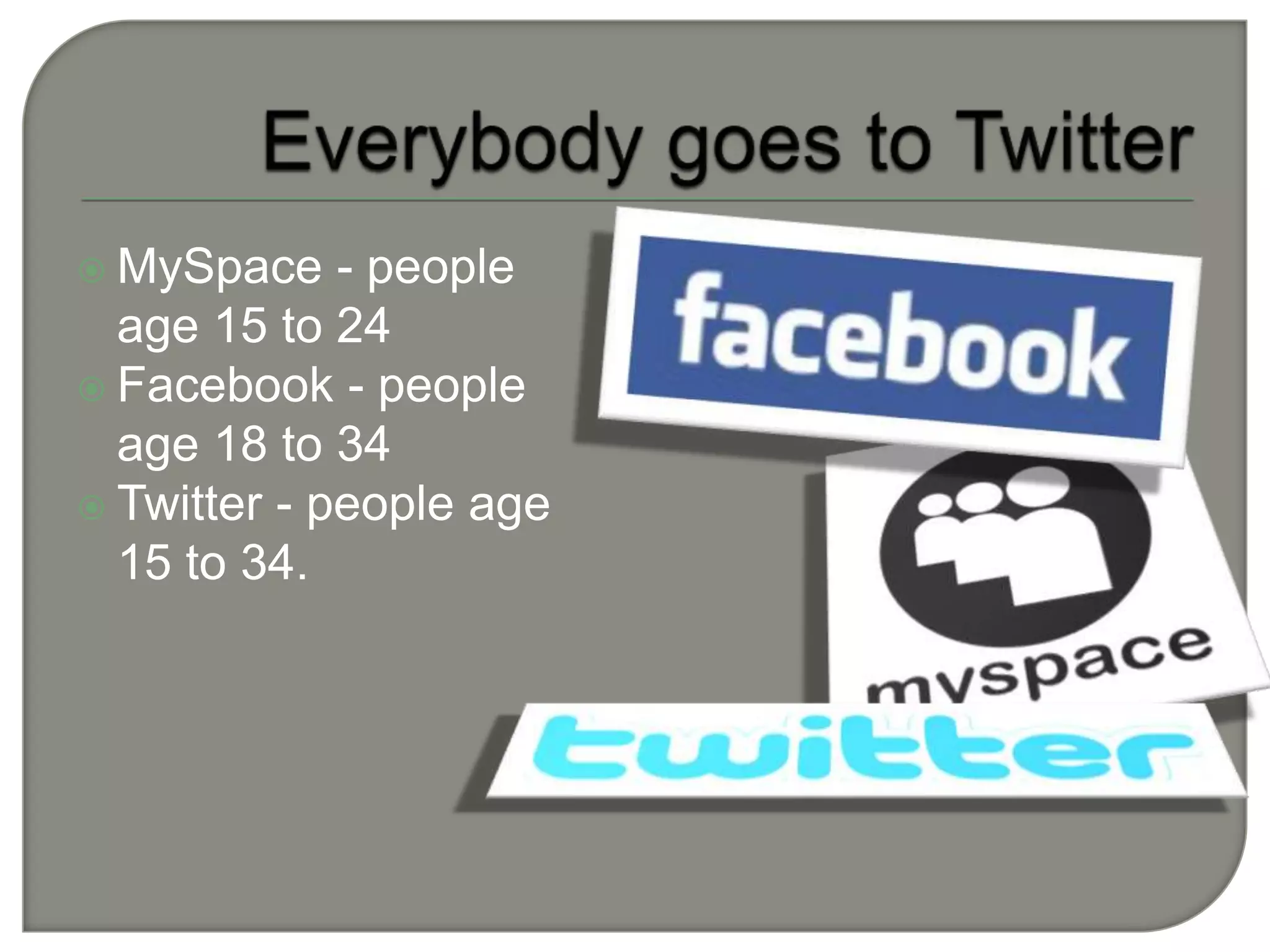 Everybody goes to TwitterMySpace - people age 15 to 24Facebook - people age 18 to 34 Twitter - people age 15 to 34.