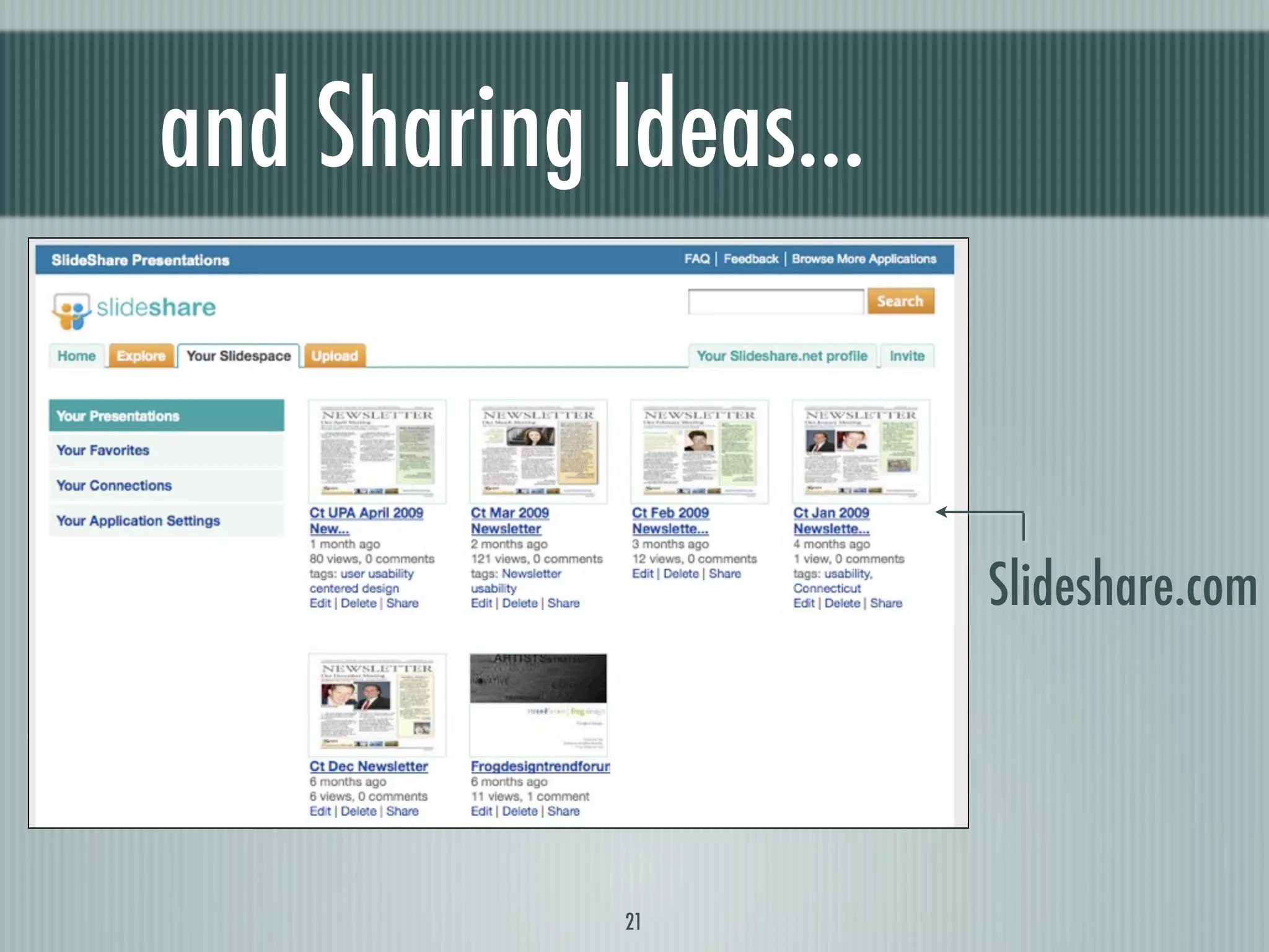 and Sharing Ideas...


                       Slideshare.com




             21
 