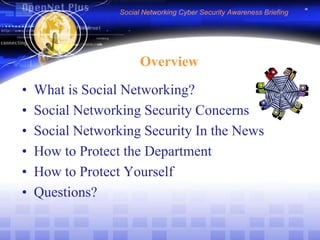 Social Networking Cyber Security Awareness BriefingOverviewWhat is Social Networking?Social Networking Security ConcernsSocial Networking Security In the NewsHow to Protect the DepartmentHow to Protect YourselfQuestions?
