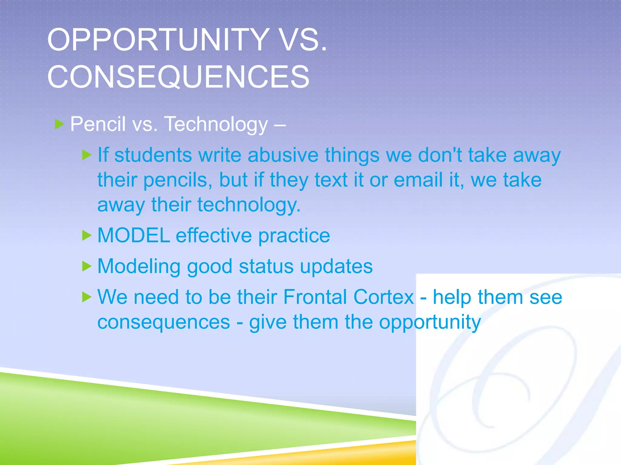 CELL PHONE SOCIALIZINGPowerful tool - in very small handsCan get into a lot of troubleNo guidelines are providedNo modeling is usually providedWhen we ask them what were YOU thinking - think more along the lines of what were WE thinkingGive them a powerful tool and then we're surprised they are sextingStakes are high!  Children are getting charged with authoring, possessing, distributing, and transporting across state lines child pornographySextingvs Sexual abuse - being clear about difference