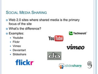 Social Media SharingWeb 2.0 sites where shared media is the primary focus of the siteWhat’s the difference?Examples:YoutubeFlickrVimeoDeviantartSlideshare