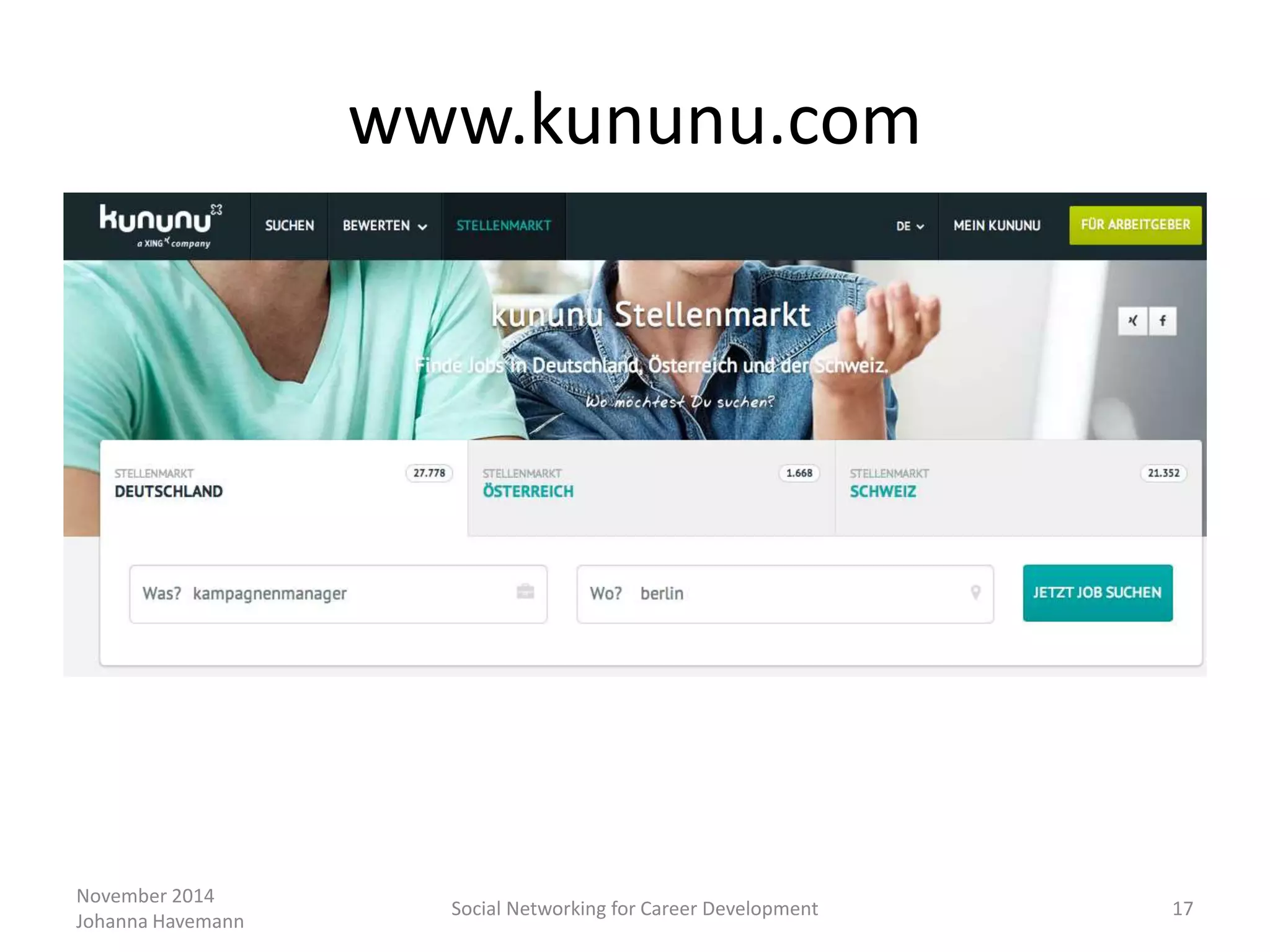 November 2014
Johanna Havemann
Social Networking for Career Development 17
www.kununu.com
 