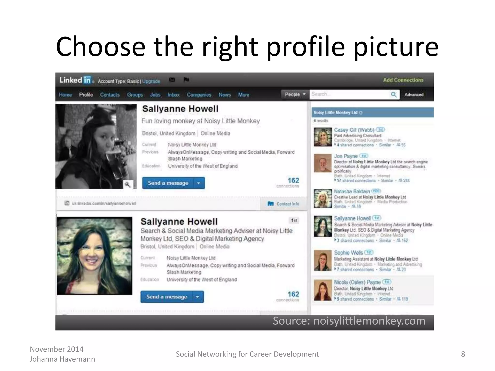 Choose the right profile picture
November 2014
Johanna Havemann
Social Networking for Career Development 8
Source: noisylittlemonkey.com
 