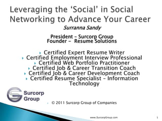 Surranna Sandy
           President – Surcorp Group
          Founder - Resume Solutions

         Certified Expert Resume Writer
 Certified Employment Interview Professional
      Certified Web Portfolio Practitioner
    Certified Job & Career Transition Coach
  Certified Job & Career Development Coach
   Certified Resume Specialist – Information
                    Technology


             © 2011 Surcorp Group of Companies


                                 www.SurcorpGroup.com   1
 