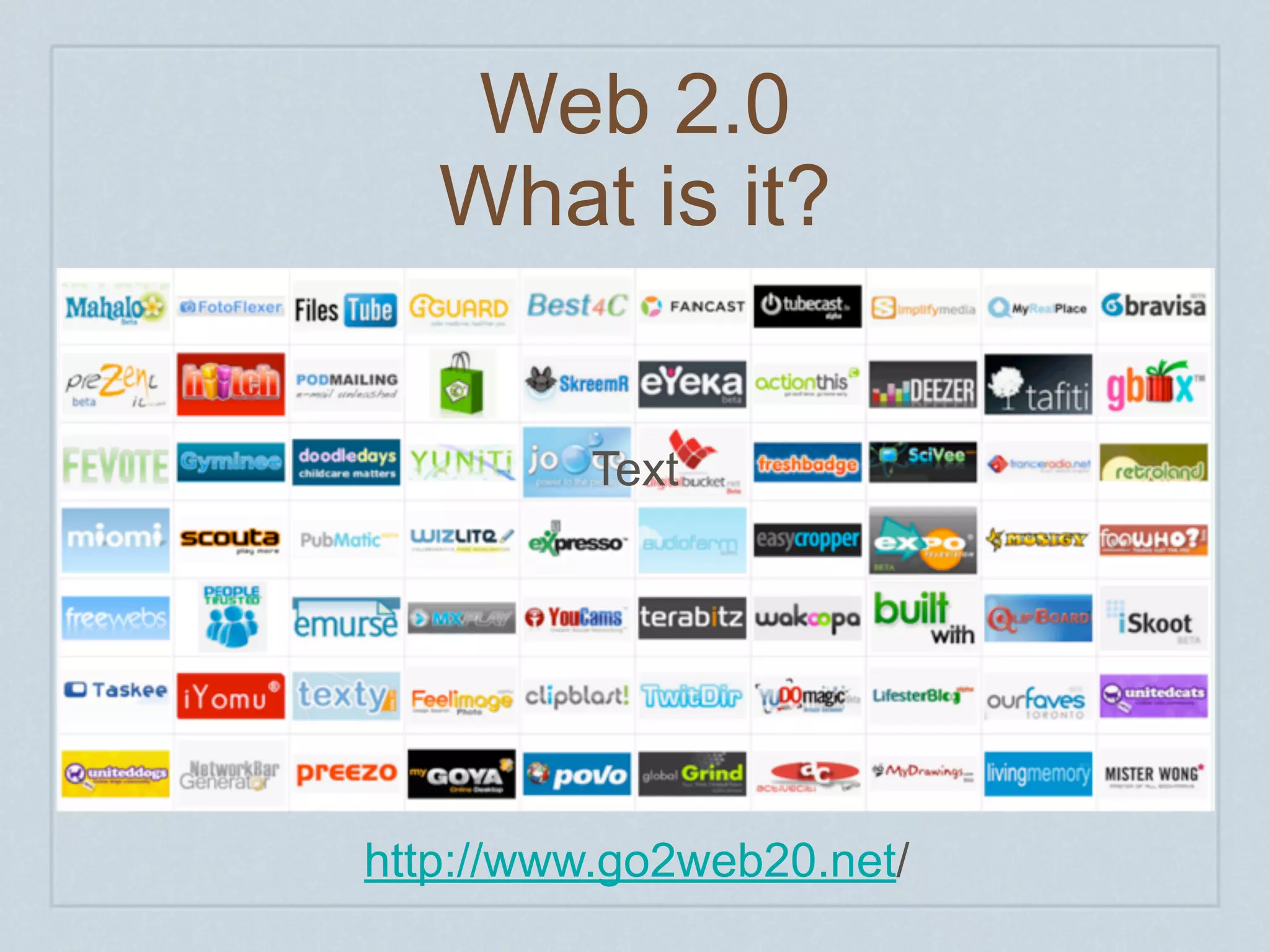 Web 2.0
   What is it?


          Text




http://www.go2web20.net/
 