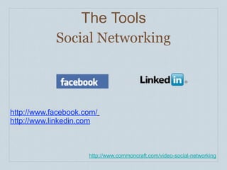 The Tools
            Social Networking




http://www.facebook.com/
http://www.linkedin.com



                     http:...