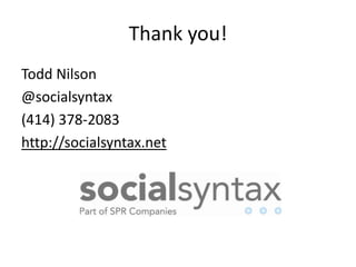 A few closing thoughtsRemain calm.Social engagement matters in the “War for Talent.”Personally embrace these tools and raise your awareness of what they can do.
