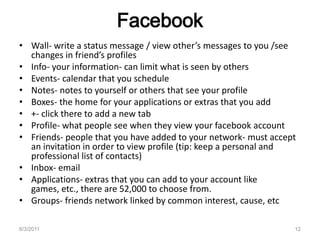 FacebookWall- write a status message / view other’s messages to you /see changes in friend’s profiles Info- your information- can limit what is seen by othersEvents- calendar that you scheduleNotes- notes to yourself or others that see your profileBoxes- the home for your applications or extras that you add +- click there to add a new tabProfile- what people see when they view your facebook accountFriends- people that you have added to your network- must accept an invitation in order to view profile (tip: keep a personal and professional list of contacts)Inbox- emailApplications- extras that you can add to your account like games, etc., there are 52,000 to choose from. Groups- friends network linked by common interest, cause, etc6/3/201112
