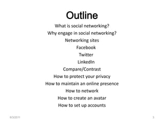 OutlineWhat is social networking?Why engage in social networking?Networking sitesFacebookTwitterLinkedInCompare/ContrastHow to protect your privacyHow to maintain an online presenceHow to networkHow to create an avatarHow to set up accounts6/3/20113