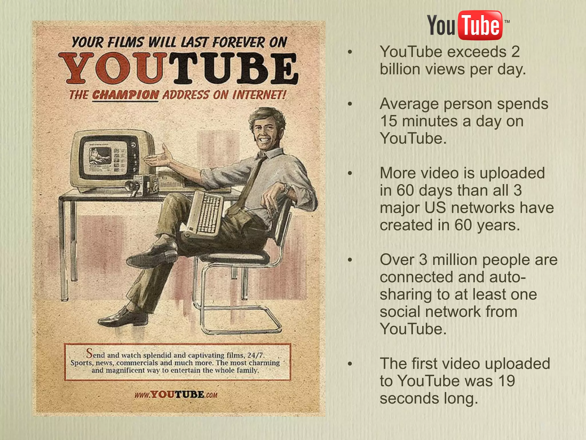 •   YouTube exceeds 2
    billion views per day.

•   Average person spends
    15 minutes a day on
    YouTube.

•   More video is uploaded
    in 60 days than all 3
    major US networks have
    created in 60 years.

•   Over 3 million people are
    connected and auto-
    sharing to at least one
    social network from
    YouTube.

•   The first video uploaded
    to YouTube was 19
    seconds long.
 