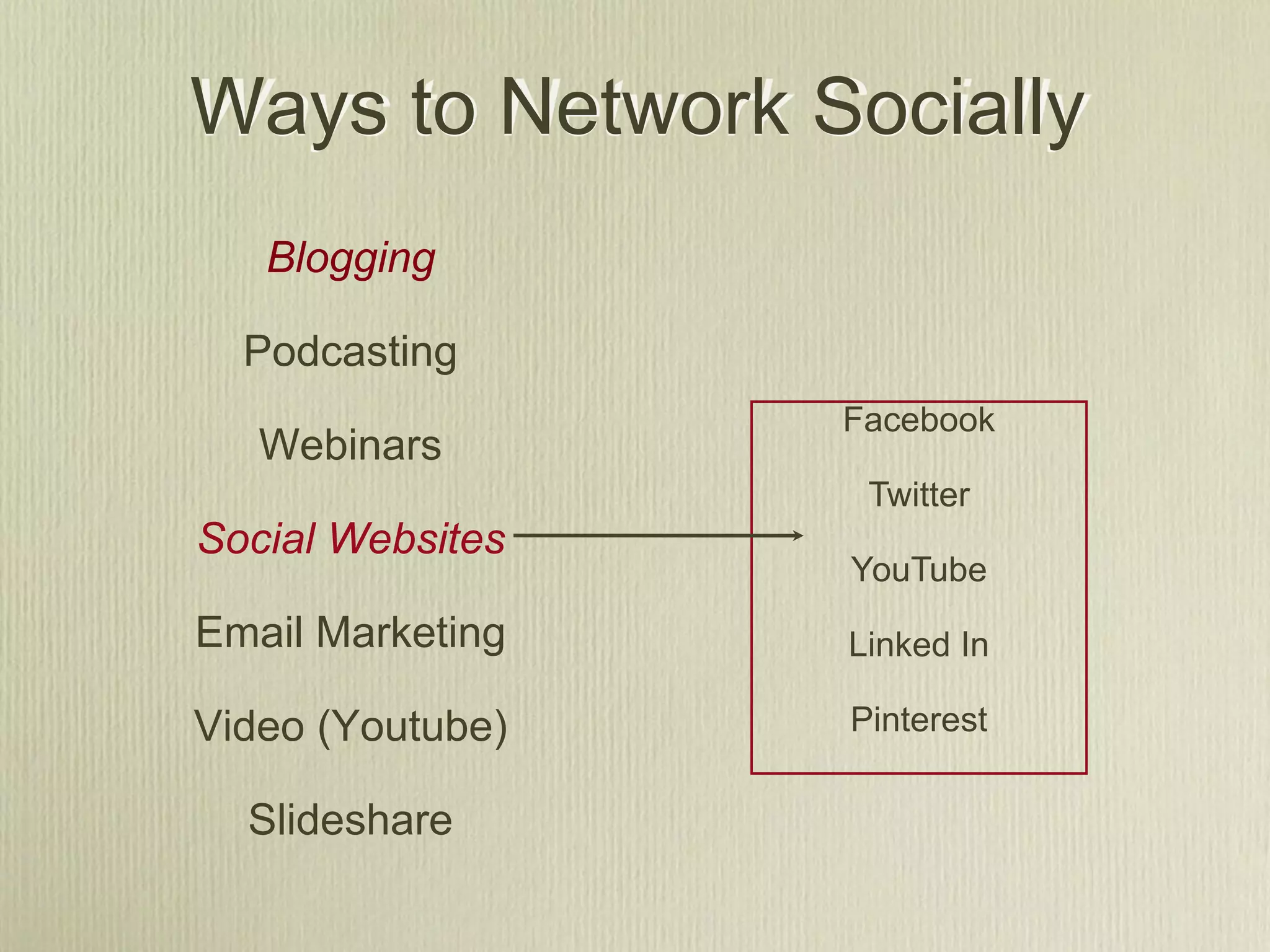 Ways to Network Socially
   Blogging

  Podcasting
                  Facebook
   Webinars
                   Twitter
Social Websites
                  YouTube
Email Marketing   Linked In

Video (Youtube)   Pinterest

  Slideshare
 