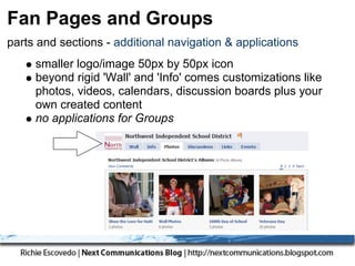 Fan Pages and Groups
parts and sections - additional navigation & applications
     smaller logo/image 50px by 50px icon
     beyond rigid 'Wall' and 'Info' comes customizations like
     photos, videos, calendars, discussion boards plus your
     own created content
     no applications for Groups
 