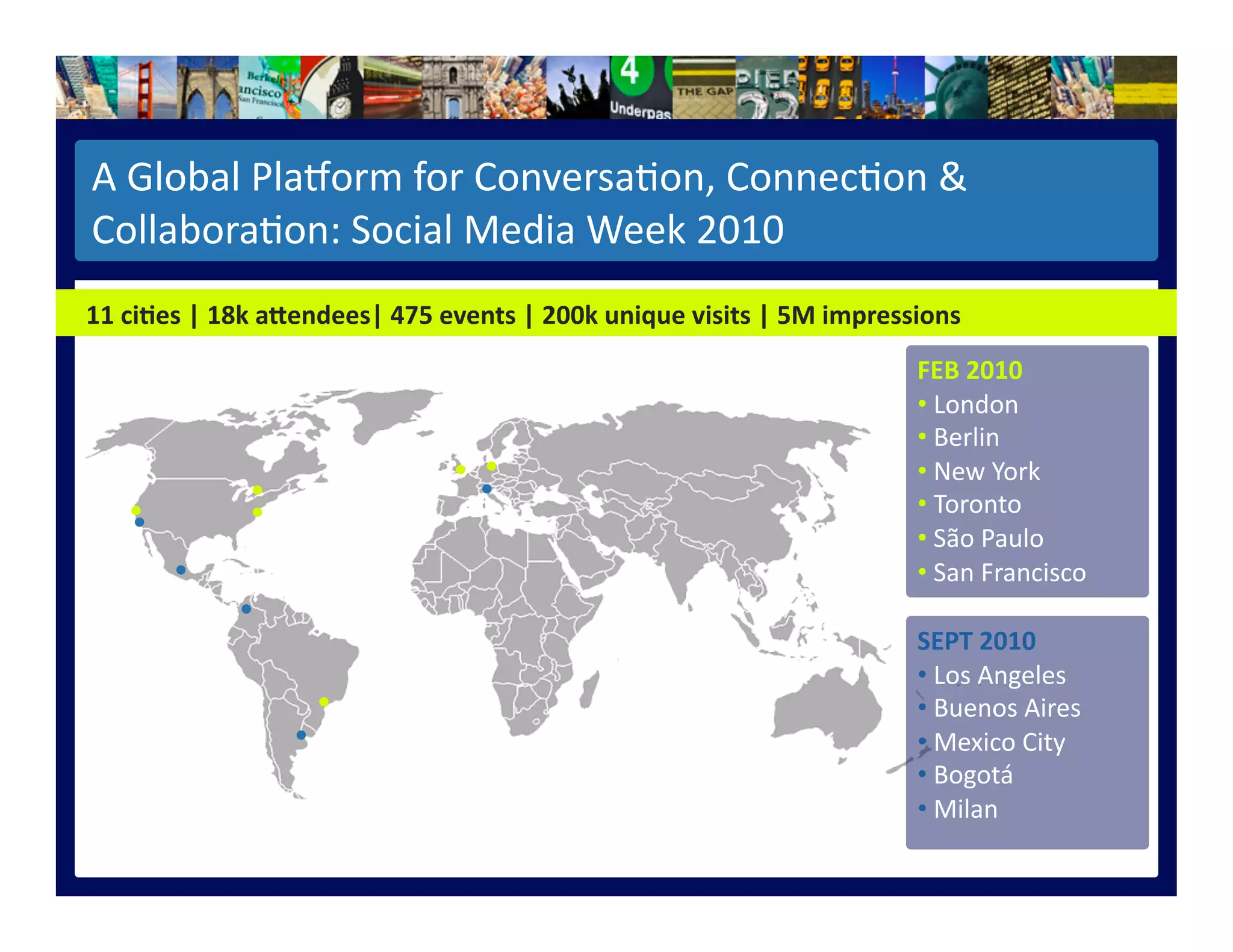 A	
  Global	
  PlaQorm	
  for	
  Conversa>on,	
  Connec>on	
  &	
  
Collabora>on:	
  Social	
  Media	
  Week	
  2010	
  
11	
  ciBes	
  |	
  18k	
  aEendees|	
  475	
  events	
  |	
  200k	
  unique	
  visits	
  |	
  5M	
  impressions	
  
FEB	
  2010	
  
• 	
  London	
  
• 	
  Berlin	
  
• 	
  New	
  York	
  
• 	
  Toronto	
  
• 	
  São	
  Paulo	
  
• 	
  San	
  Francisco	
  
SEPT	
  2010	
  
• 	
  Los	
  Angeles	
  
• 	
  Buenos	
  Aires	
  
• 	
  Mexico	
  City	
  
• 	
  Bogotá	
  
• 	
  Milan	
  
 