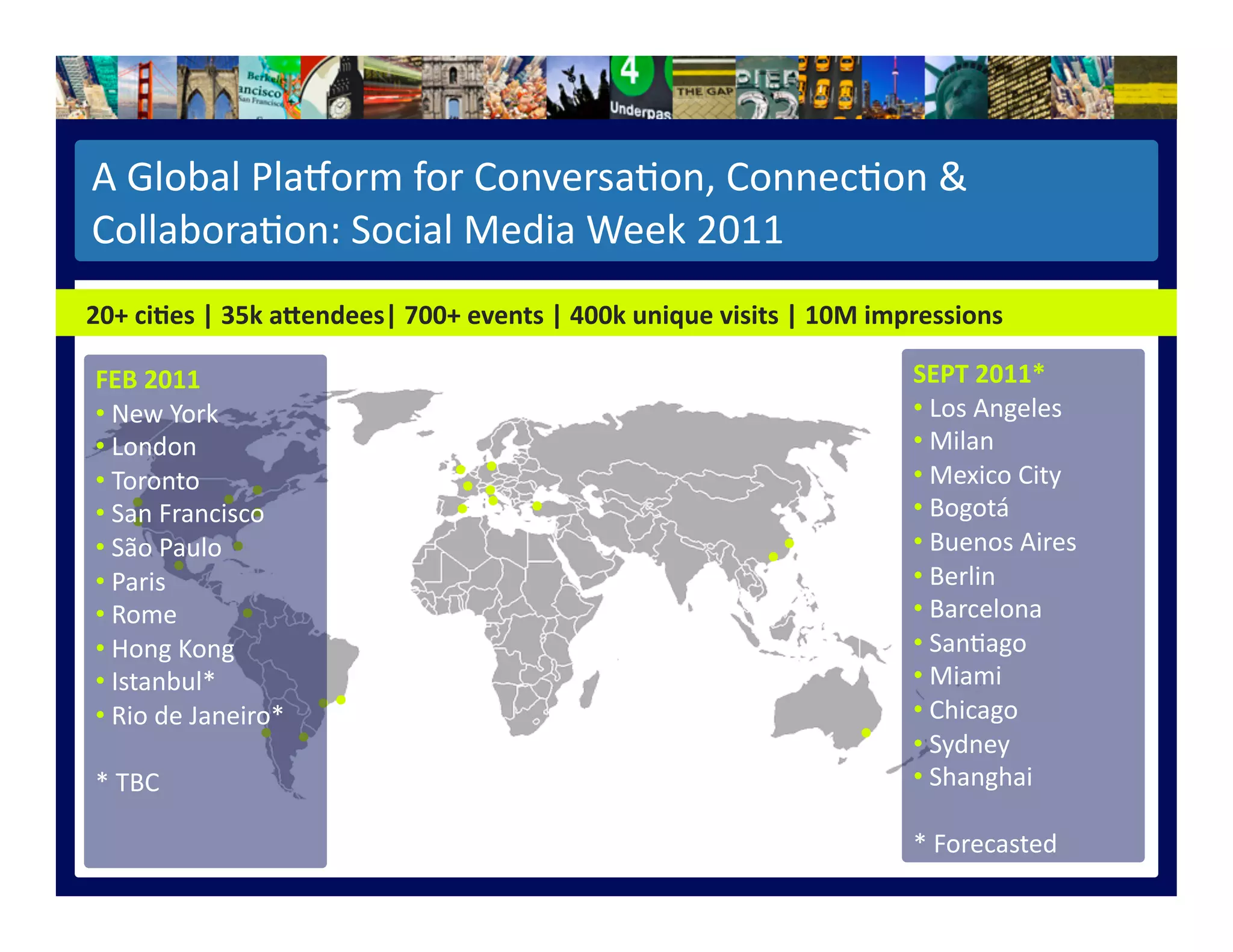 A	
  Global	
  PlaQorm	
  for	
  Conversa>on,	
  Connec>on	
  &	
  
Collabora>on:	
  Social	
  Media	
  Week	
  2011	
  
20+	
  ciBes	
  |	
  35k	
  aEendees|	
  700+	
  events	
  |	
  400k	
  unique	
  visits	
  |	
  10M	
  impressions	
  
SEPT	
  2011*	
  
• 	
  Los	
  Angeles	
  	
  
• 	
  Milan	
  	
  
• 	
  Mexico	
  City	
  
• 	
  Bogotá	
  
• 	
  Buenos	
  Aires	
  
• 	
  Berlin	
  	
  
• 	
  Barcelona	
  
• 	
  San>ago	
  
• 	
  Miami	
  
• 	
  Chicago	
  
• 	
  Sydney	
  
• 	
  Shanghai	
  
*	
  Forecasted	
  
FEB	
  2011	
  
• 	
  New	
  York	
  
• 	
  London	
  
• 	
  Toronto	
  
• 	
  San	
  Francisco	
  
• 	
  São	
  Paulo	
  	
  
• 	
  Paris	
  
• 	
  Rome	
  
• 	
  Hong	
  Kong	
  	
  
• 	
  Istanbul*	
  
• 	
  Rio	
  de	
  Janeiro*	
  	
  
*	
  TBC	
  
 