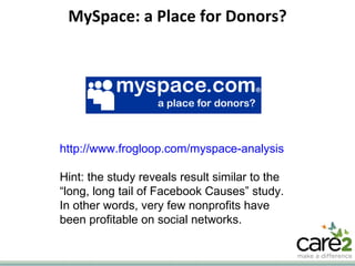 MySpace: a Place for Donors? http://www.frogloop.com/myspace-analysis Hint: the study reveals result similar to the “long, long tail of Facebook Causes” study. In other words, very few nonprofits have been profitable on social networks. 