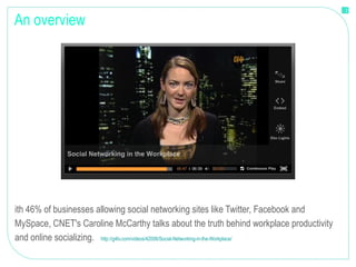 An overview With 46% of businesses allowing social networking sites like Twitter, Facebook and MySpace, CNET's Caroline McCarthy talks about the truth behind workplace productivity and online socializing.  http://g4tv.com/videos/42006/Social-Networking-in-the-Workplace/ 