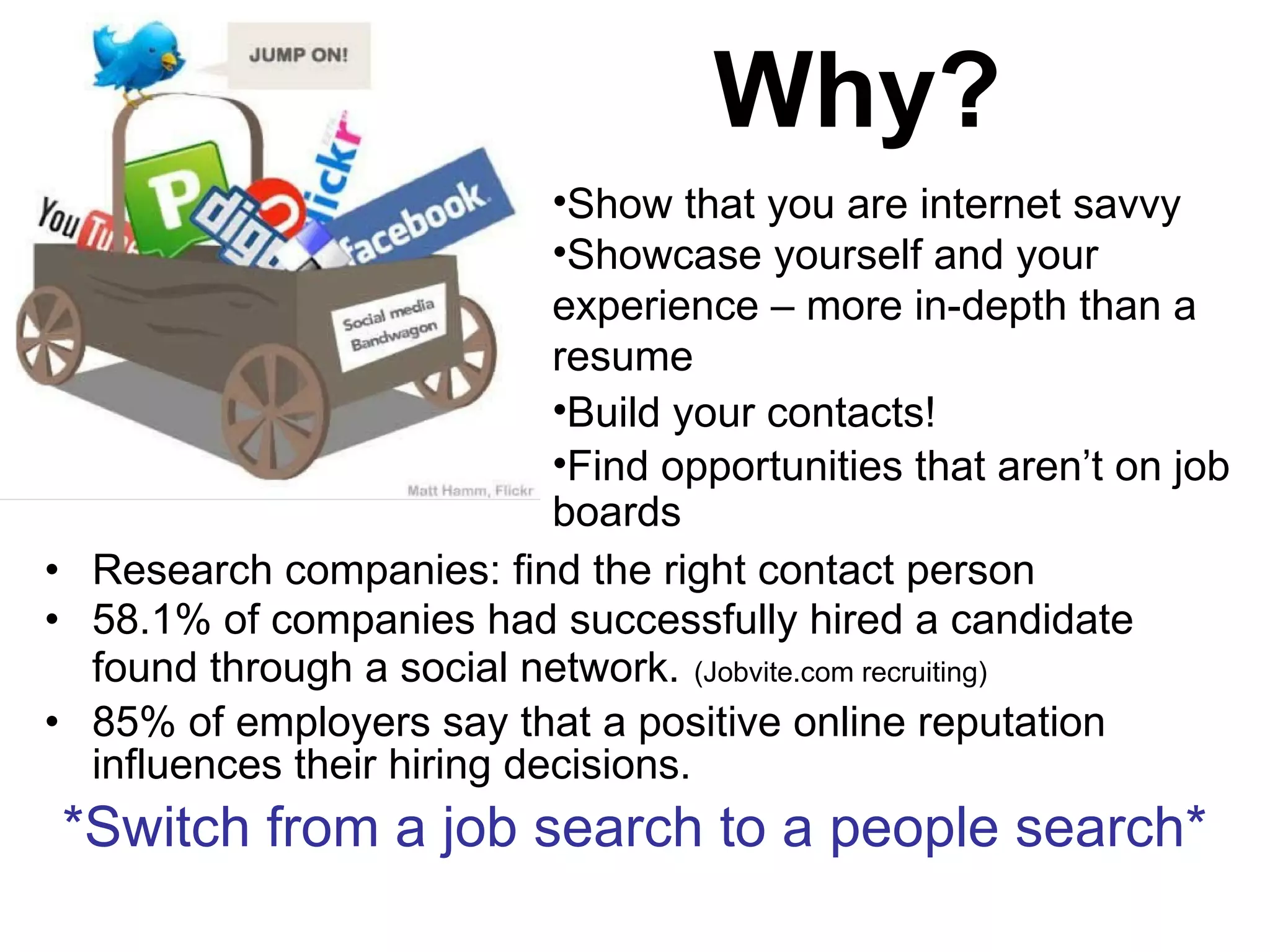 Research companies: find the right contact person 58.1% of companies had successfully hired a candidate found through a social network.   (Jobvite.com recruiting) 85% of employers say that a positive online reputation influences their hiring decisions. *Switch from a job search to a people search* Why? Show that you are internet savvy Showcase yourself and your experience – more in-depth than a resume Build your contacts! Find opportunities that aren’t on job boards   