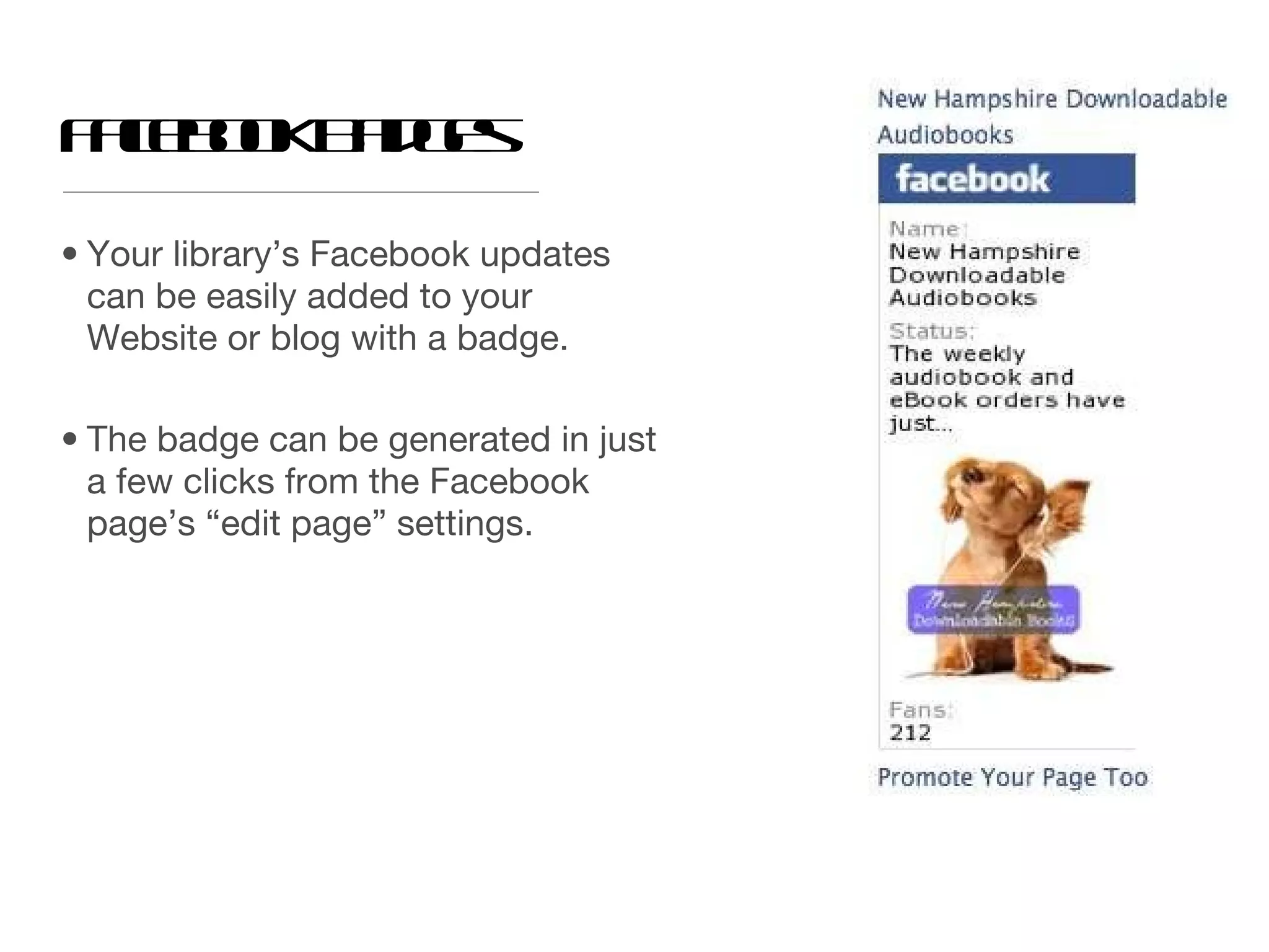 Facebook Badges Your library’s Facebook updates can be easily added to your Website or blog with a badge.  The badge can be generated in just a few clicks from the Facebook page’s “edit page” settings.  
